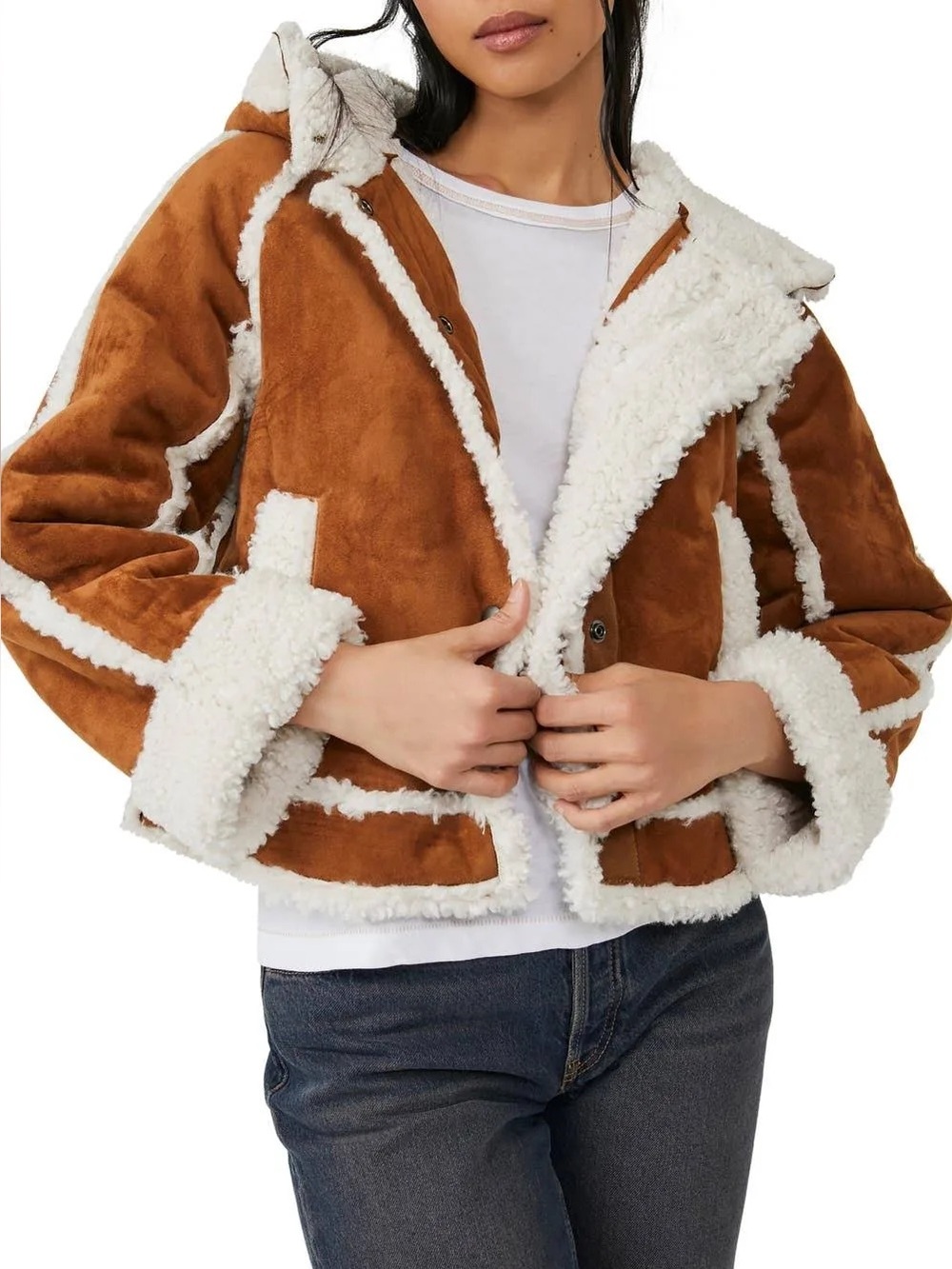 Free People Sherpa Cropped Vegan Leather Jacket With Hood